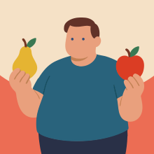 イメージ画像：太った男性が両手に果物を持っている