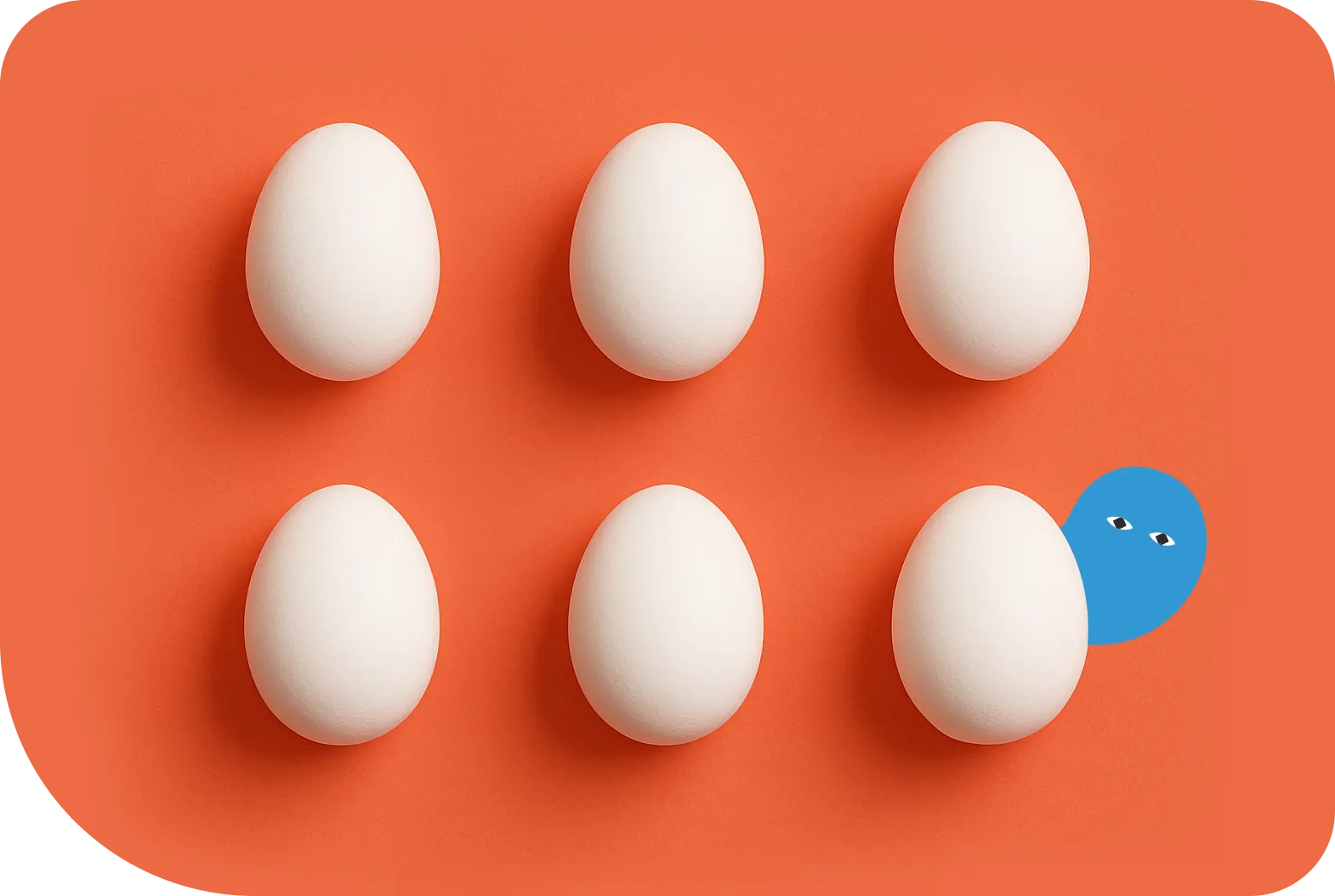オレンジ色の背景に6個の白い卵が並んでおり、右下の卵の後ろから青いキャラクターが顔を出しているイラスト