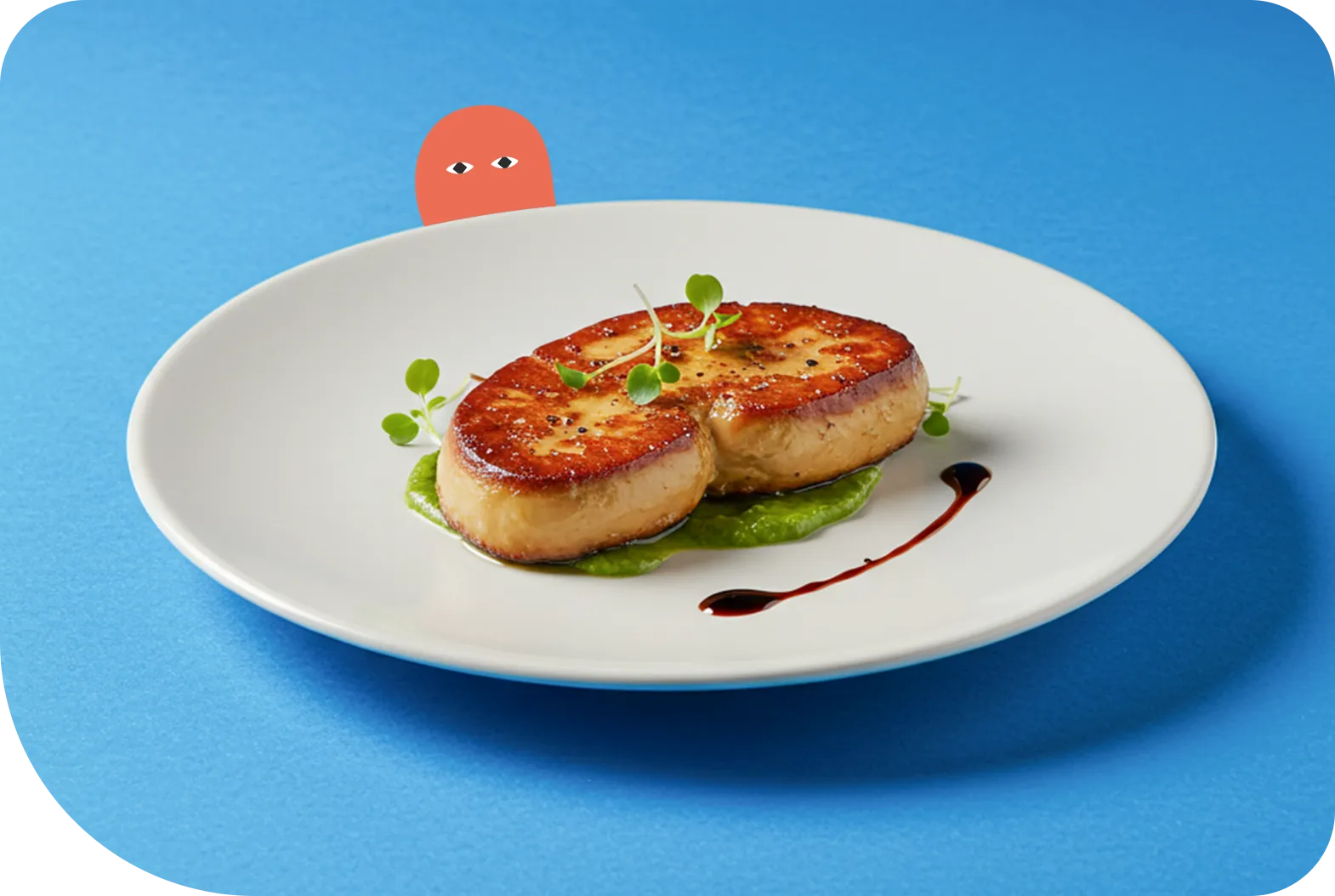 青い背景の白いお皿に美しく盛り付けられた2つの焼き物料理、緑と赤のソースで彩られマイクログリーンで装飾された高級レストラン品質の一皿、背景にオレンジ色のキャラクター