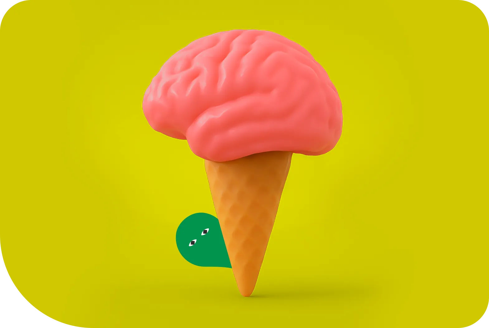 黄色い背景にピンク色の脳の形をしたアイスクリーム（茶色のコーン）と緑色のキャラクターが描かれた創造的なイラスト