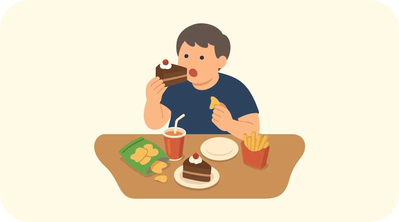 男性がテーブルでチョコレートケーキを食べており、周りにフライドポテト、ドリンク、クッキーなどの高カロリー食品が並んだ過食や不健康な食生活を表現するイラスト