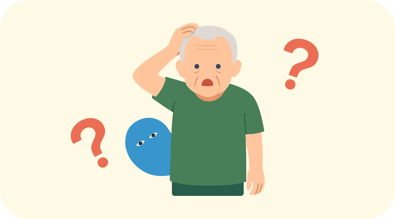 困惑した表情で頭に手を当てている高齢男性と赤いクエスチョンマーク、青いキャラクターが描かれた認知症や記憶障害を表現するイラスト