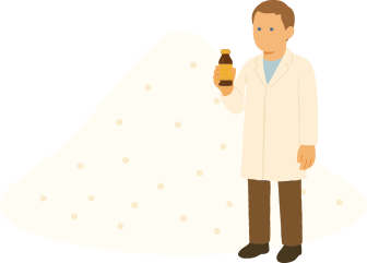 粉体の山とボトルを手にした白衣の研究者のイラスト