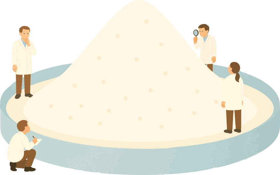 複数の研究者が山状の粉体を観察するイラスト