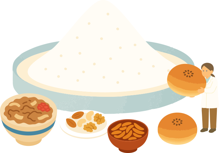 粉体とパン、ナッツなどの食材と人物のイラスト