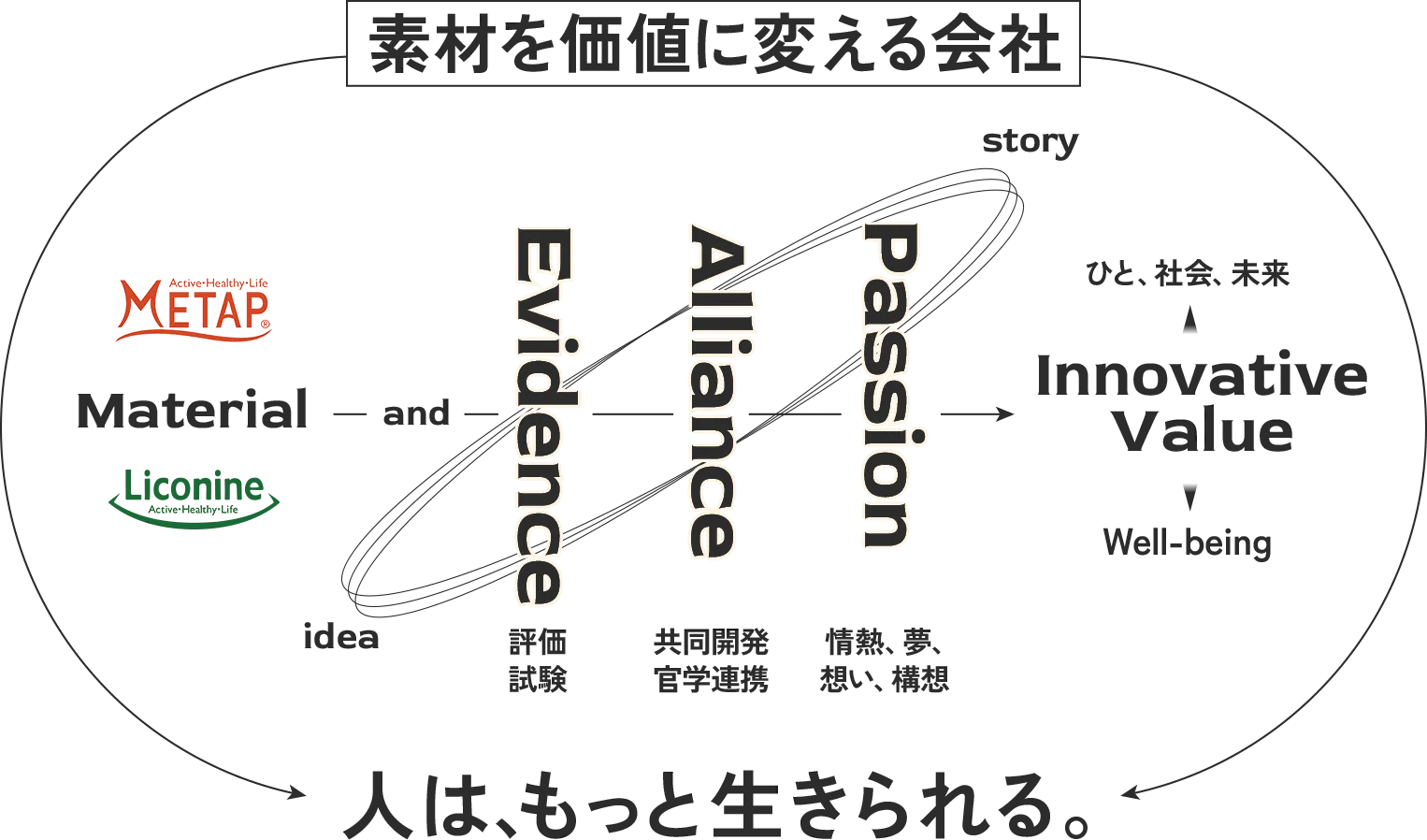 MGPの価値創造サイクル図：METAPやLiconineなどの素材（Material）から、科学的根拠（Evidence）、産学連携（Alliance）、情熱（Passion）を経て、イノベーティブな価値（Innovative Value）とウェルビーイング（Well-being）を創出する循環プロセスを示した図